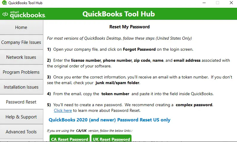 Password reset tab